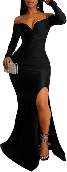 Vakkest Women's Sexy Formal Dresses Off The Shoulder Long Sleeve Gown, Black, L