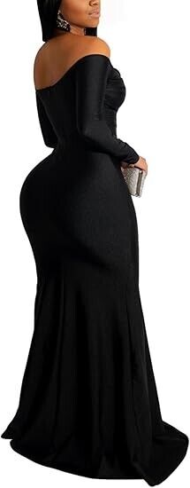 Vakkest Women's Sexy Formal Dresses Off The Shoulder Long Sleeve Gown, Black, L