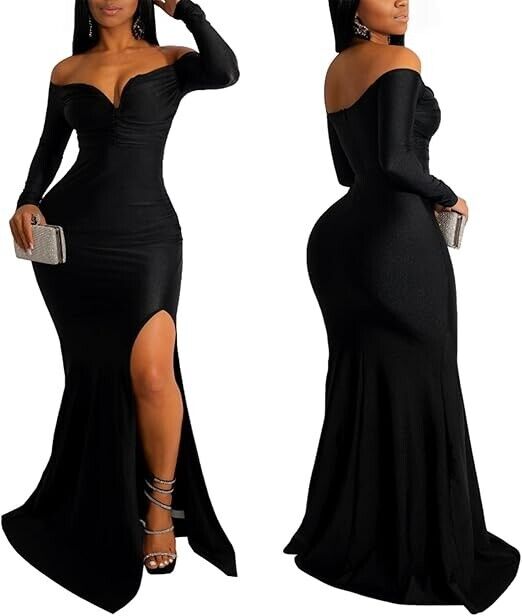 Vakkest Women's Sexy Formal Dresses Off The Shoulder Long Sleeve Gown, Black, L