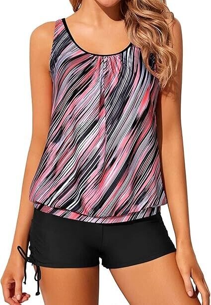 Yonique Blouson Tankini Swimsuits for Women Two Piece Bathing Suits Tops, Pink M
