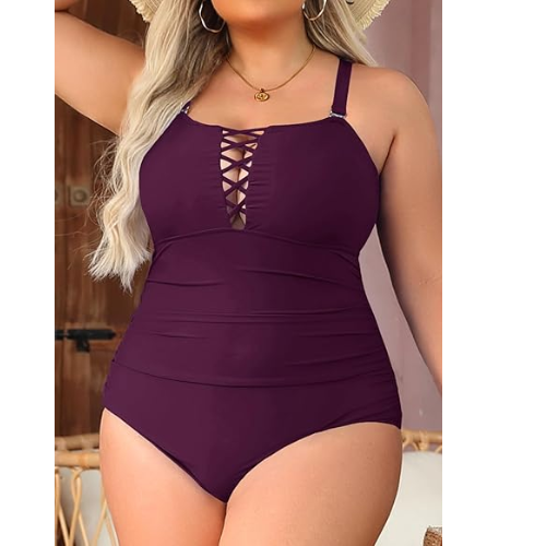 Yonique Plus Size One Piece Pull On Women Suit Slimming Swimwear Purple ,2XL