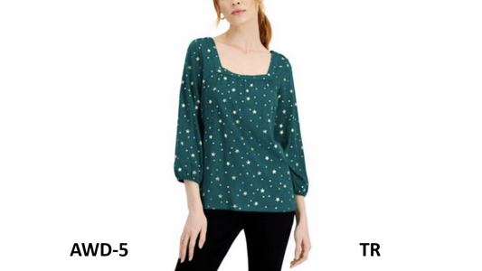 Style & Co Metallic-Print Women's Peasant Blouse Top, Green, Size Large ~