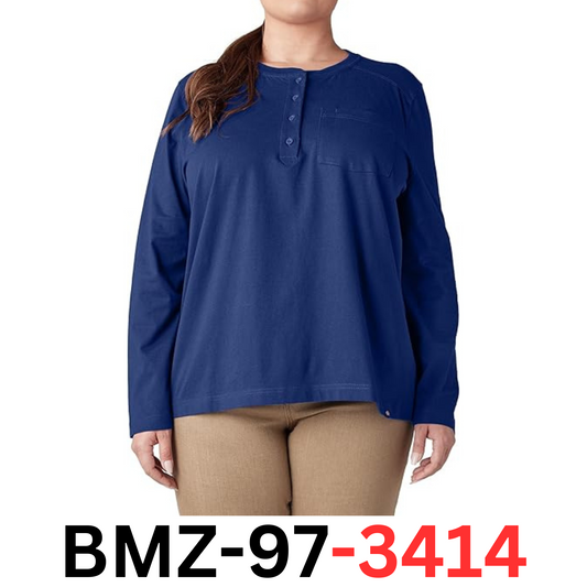 Dickies Women's Size Plus Heavyweight Henley, Blue, Size 1X