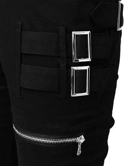 Allegra K Men's Casual Slim Fit Punk Gothic Pockets Patch Buckle Zipper Pants 32