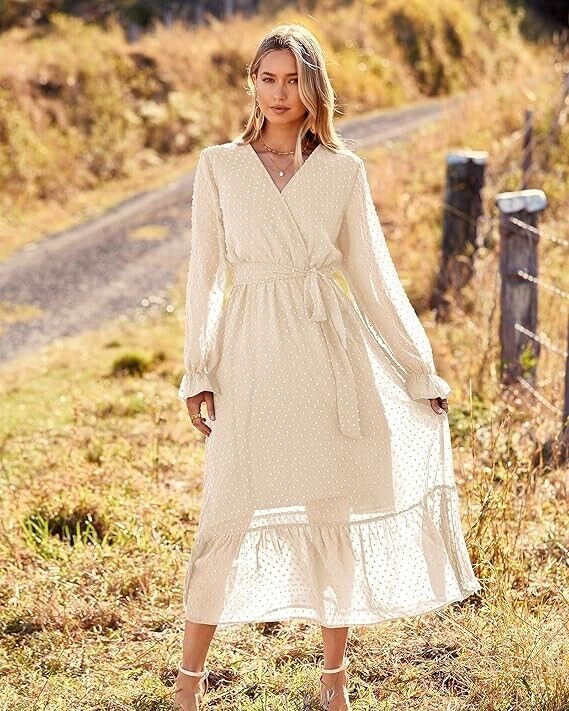 BTFBM Womens Casual Party Spring Summer Long Sleeve Wrap V-Neck Dress Apricot, M