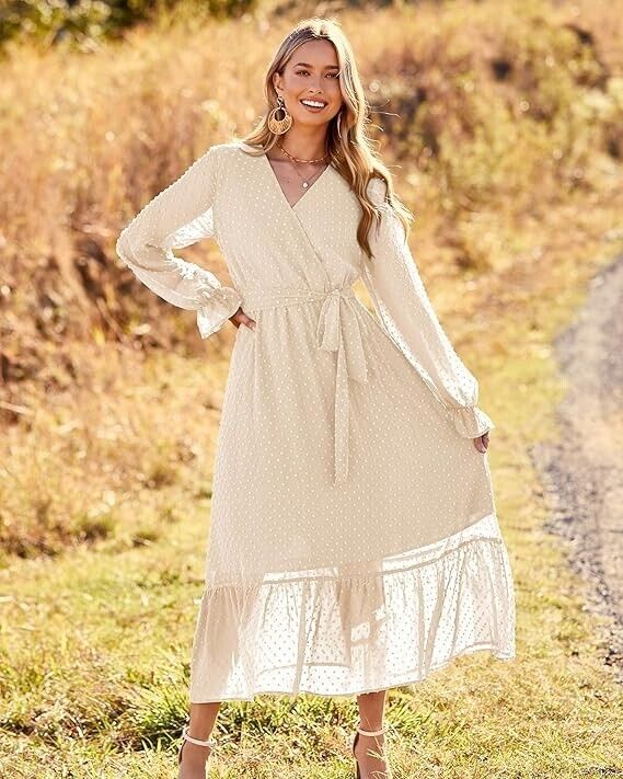 BTFBM Womens Casual Party Spring Summer Long Sleeve Wrap V-Neck Dress Apricot, M