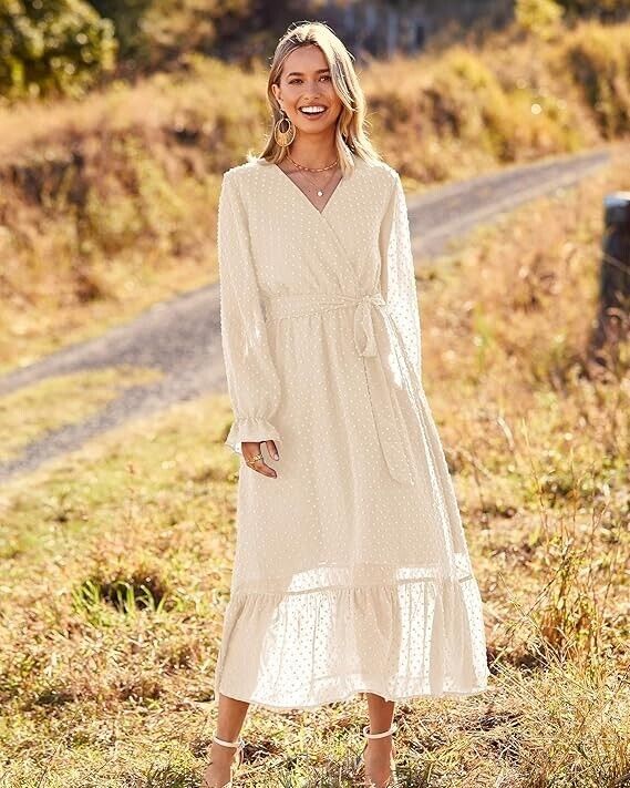 BTFBM Womens Casual Party Spring Summer Long Sleeve Wrap V-Neck Dress Apricot, M