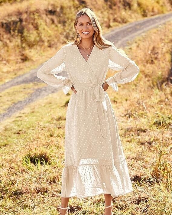 BTFBM Womens Casual Party Spring Summer Long Sleeve Wrap V-Neck Dress Apricot, M
