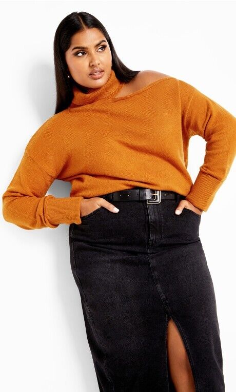 City Chic Cold Shoulder Sweater - Honey Ginger, X-Small (XS)