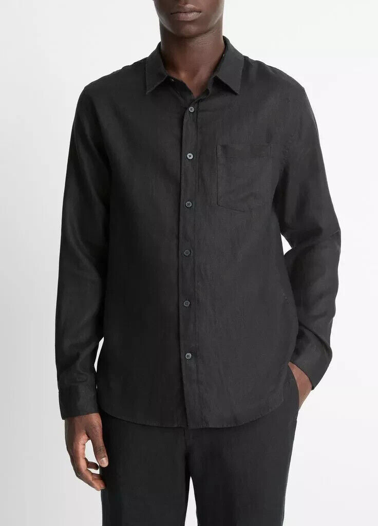 Vince Men's Linen Long-Sleeve Shirt, Pumice Rock, Medium