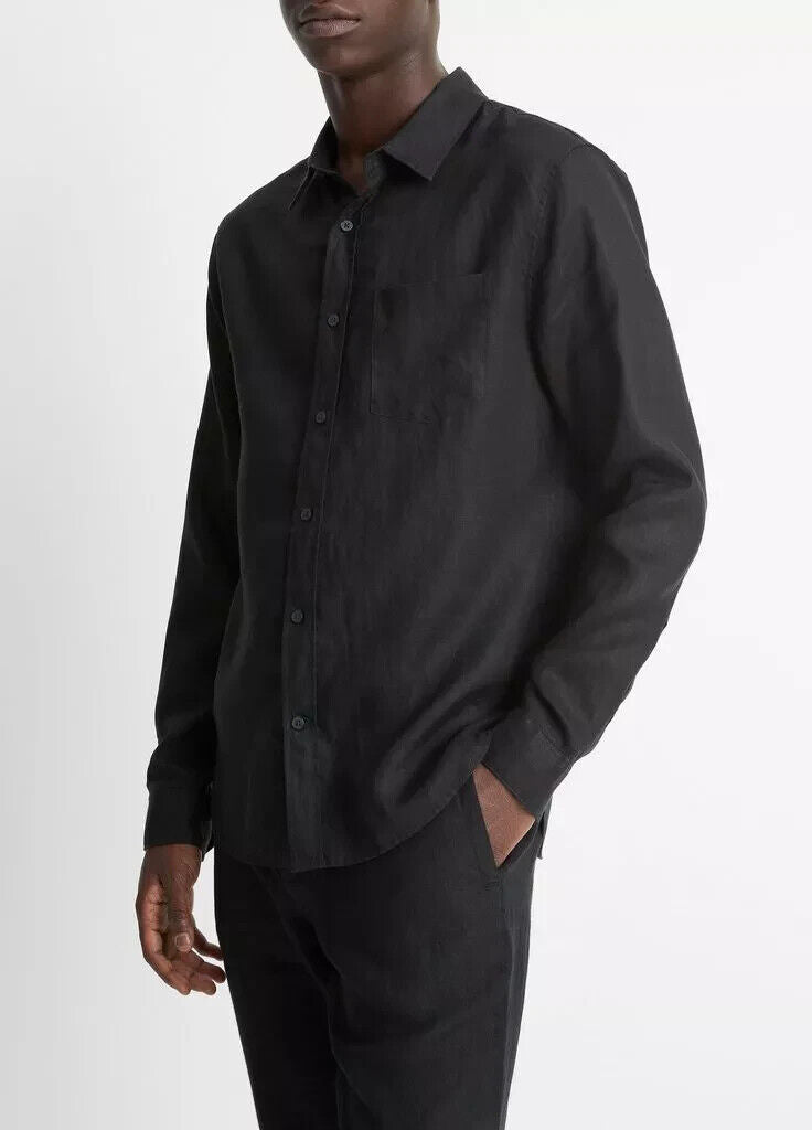 Vince Men's Linen Long-Sleeve Shirt, Pumice Rock, Medium
