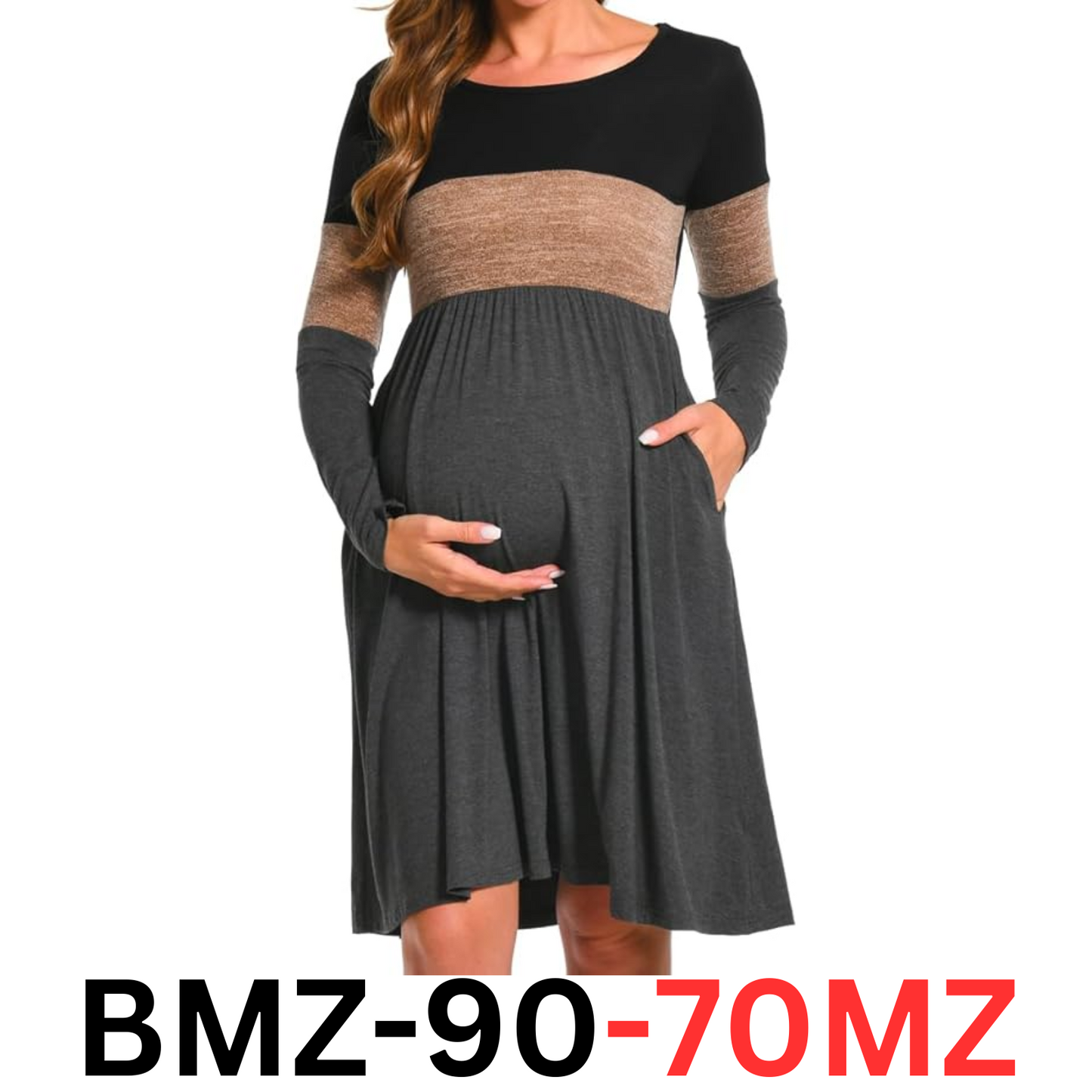 Bearsland women Long Sleeve Maternity Dresses Patchwork Pregnancy Dress, Brown L