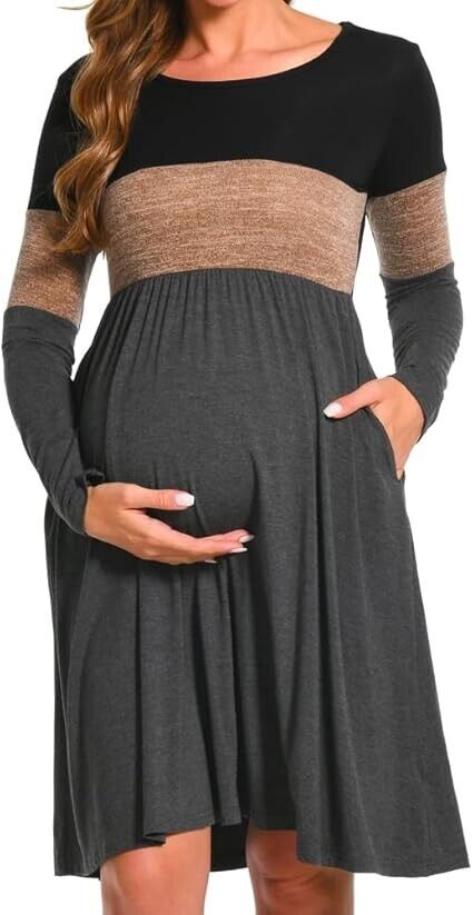 Bearsland women Long Sleeve Maternity Dresses Patchwork Pregnancy Dress, Brown L