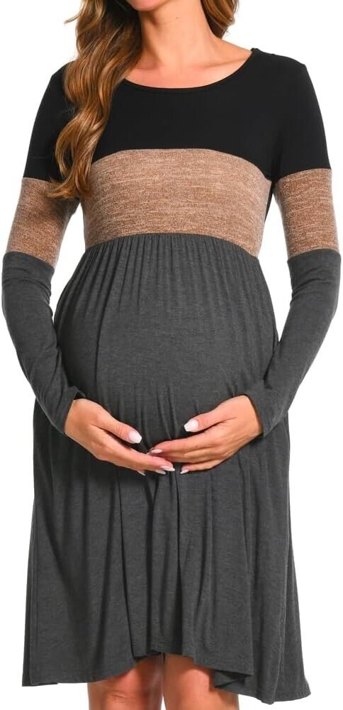Bearsland women Long Sleeve Maternity Dresses Patchwork Pregnancy Dress, Brown L