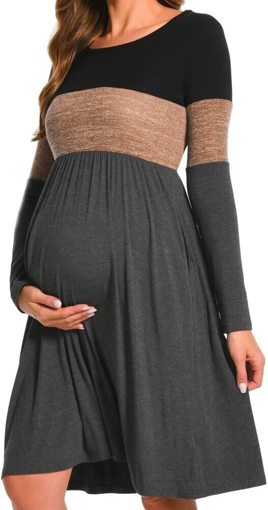 Bearsland women Long Sleeve Maternity Dresses Patchwork Pregnancy Dress, Brown L