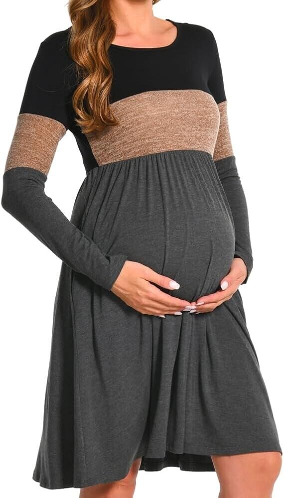 Bearsland women Long Sleeve Maternity Dresses Patchwork Pregnancy Dress, Brown L