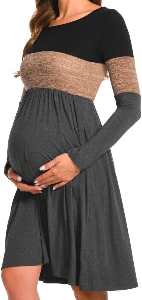 Bearsland women Long Sleeve Maternity Dresses Patchwork Pregnancy Dress, Brown L
