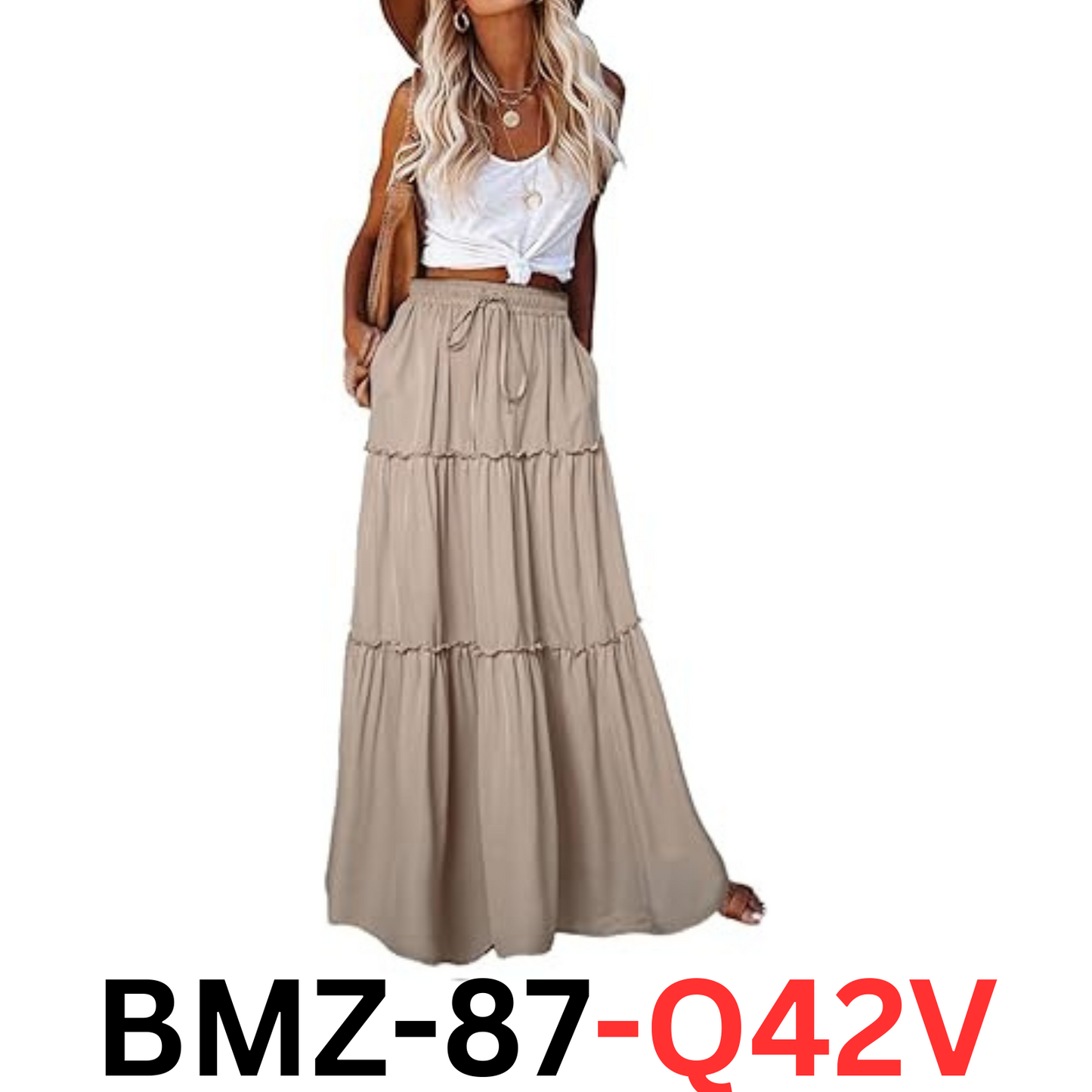 EARKOHA Women Elastic High Waist A-Line Flowy Beach Plus Size Maxi Skirt Tan 2XL