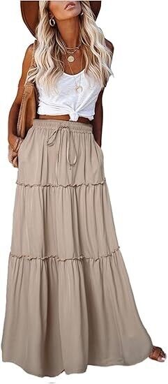 EARKOHA Women Elastic High Waist A-Line Flowy Beach Plus Size Maxi Skirt Tan 2XL