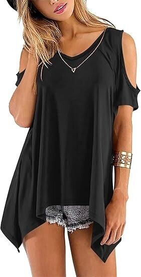 Beluring Women's V-Neck Summer Cold Shoulder Asymmetrical Short Sleeve Shirt, XL