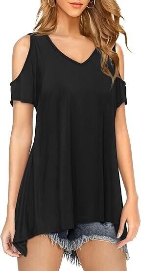 Beluring Women's V-Neck Summer Cold Shoulder Asymmetrical Short Sleeve Shirt, XL