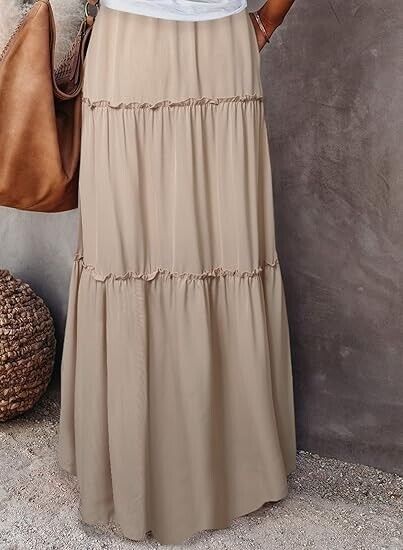 EARKOHA Women Elastic High Waist A-Line Flowy Beach Plus Size Maxi Skirt Tan 2XL