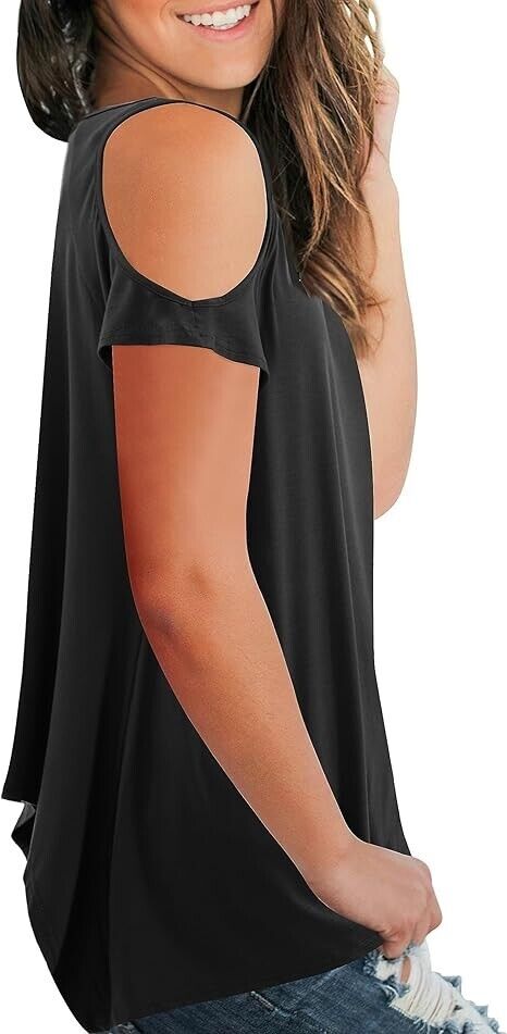 Beluring Women's V-Neck Summer Cold Shoulder Asymmetrical Short Sleeve Shirt, XL