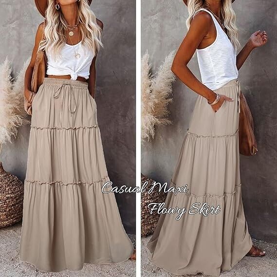 EARKOHA Women Elastic High Waist A-Line Flowy Beach Plus Size Maxi Skirt Tan 2XL