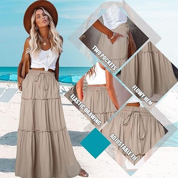 EARKOHA Women Elastic High Waist A-Line Flowy Beach Plus Size Maxi Skirt Tan 2XL