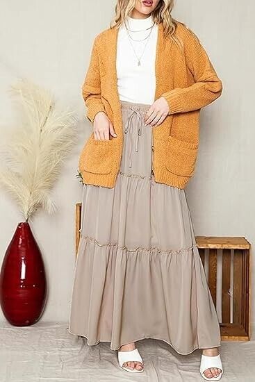 EARKOHA Women Elastic High Waist A-Line Flowy Beach Plus Size Maxi Skirt Tan 2XL