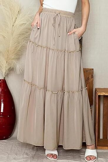 EARKOHA Women Elastic High Waist A-Line Flowy Beach Plus Size Maxi Skirt Tan 2XL