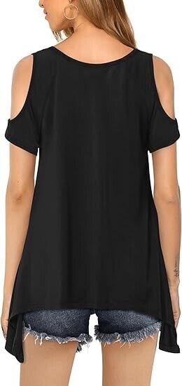 Beluring Women's V-Neck Summer Cold Shoulder Asymmetrical Short Sleeve Shirt, XL