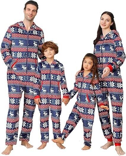 ANGELGGH Christmas Pajamas for Family Fleece Hooded One Piece Sleepwear L