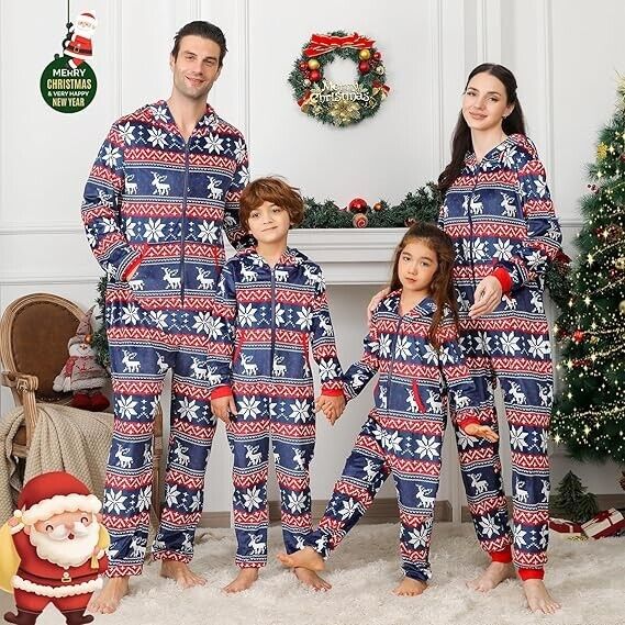 ANGELGGH Christmas Pajamas for Family Fleece Hooded One Piece Sleepwear L