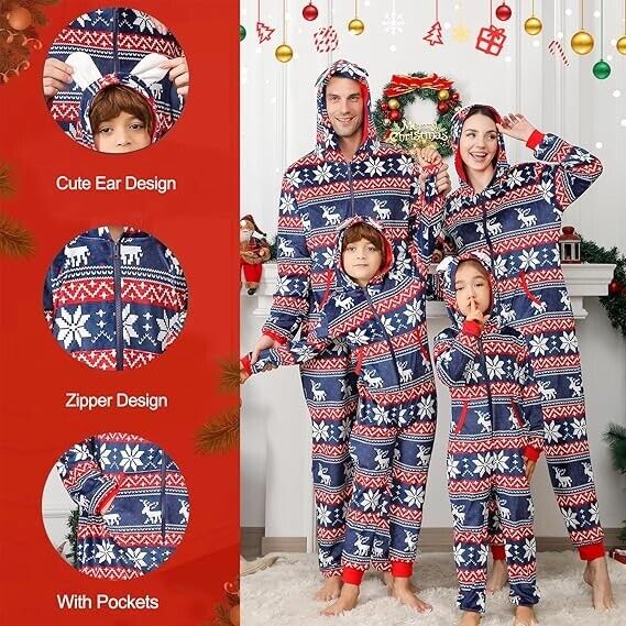 ANGELGGH Christmas Pajamas for Family Fleece Hooded One Piece Sleepwear L