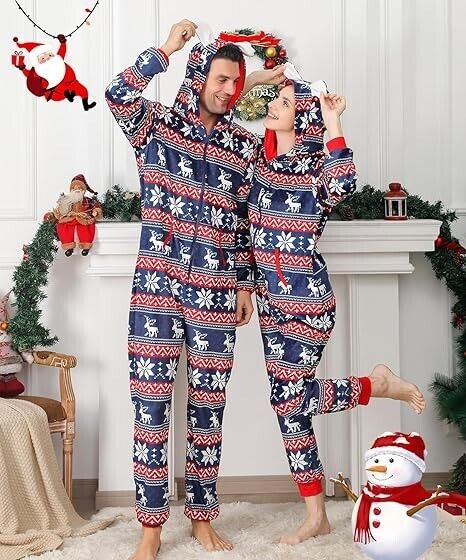 ANGELGGH Christmas Pajamas for Family Fleece Hooded One Piece Sleepwear L