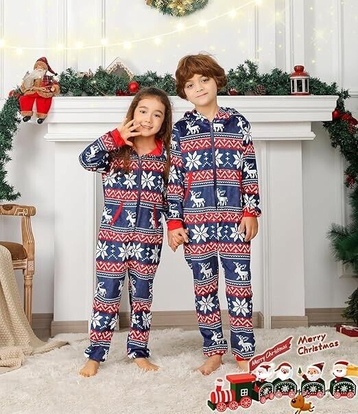 ANGELGGH Christmas Pajamas for Family Fleece Hooded One Piece Sleepwear L