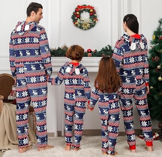 ANGELGGH Christmas Pajamas for Family Fleece Hooded One Piece Sleepwear L