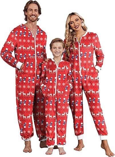 Ekouaer Christmas  Pajama Matching Family Fleece Hooded 1 Piece Zipper Pajamas L