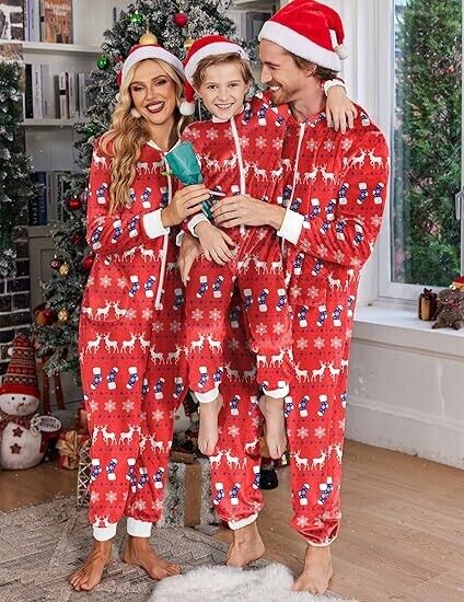 Ekouaer Christmas  Pajama Matching Family Fleece Hooded 1 Piece Zipper Pajamas L