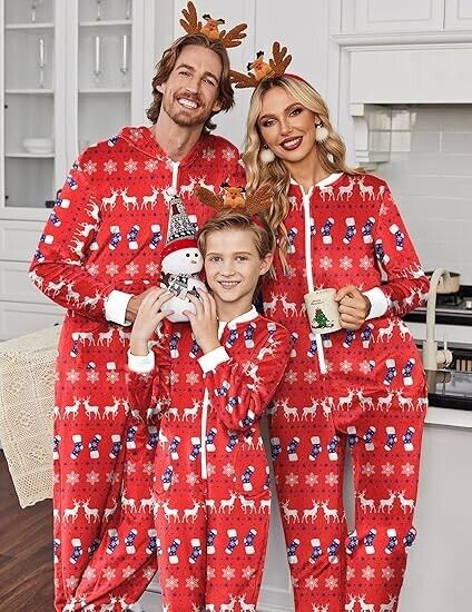 Ekouaer Christmas  Pajama Matching Family Fleece Hooded 1 Piece Zipper Pajamas L