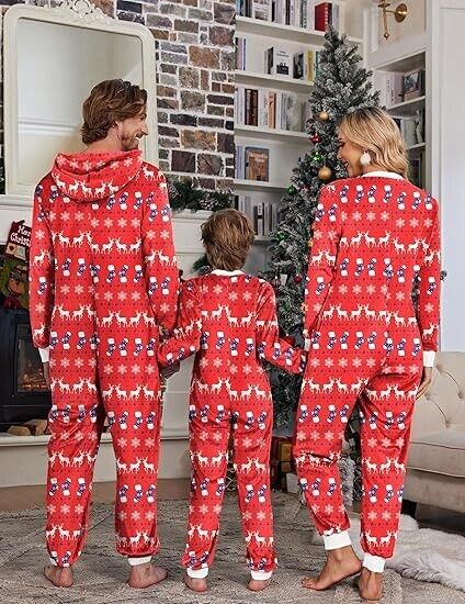 Ekouaer Christmas  Pajama Matching Family Fleece Hooded 1 Piece Zipper Pajamas L