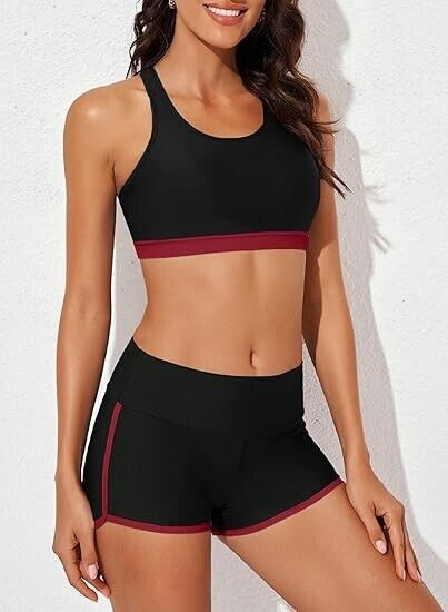 Aleumdr Women's 3 Piece Athletic Tankini Swimsuits with Shorts Swim Tank Top, XL