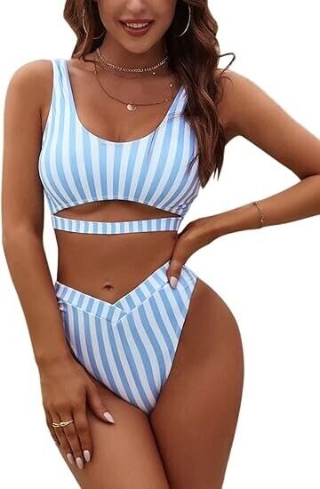 Blooming Jelly Women Cheeky High Cut Bikini Set Sexy High Waist Swimsuits Blue S