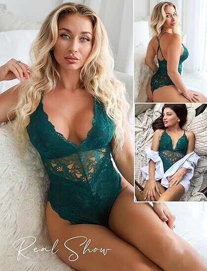 Avidlove Lingerie Women Sexy Lace Bodysuit Snap Crotch Lingerie, Bottle Green, L