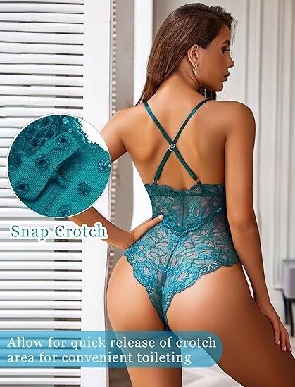 Avidlove Lingerie Women Sexy Lace Bodysuit Snap Crotch Lingerie, Bottle Green, L