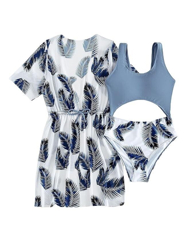 Cozyease Girls' 2 Piece Sets Print Scoop Neck One Piece Swimsuit, 8-9 Years