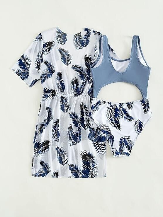 Cozyease Girls' 2 Piece Sets Print Scoop Neck One Piece Swimsuit, 8-9 Years
