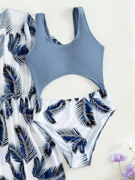 Cozyease Girls' 2 Piece Sets Print Scoop Neck One Piece Swimsuit, 8-9 Years