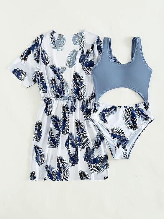 Cozyease Girls' 2 Piece Sets Print Scoop Neck One Piece Swimsuit, 8-9 Years